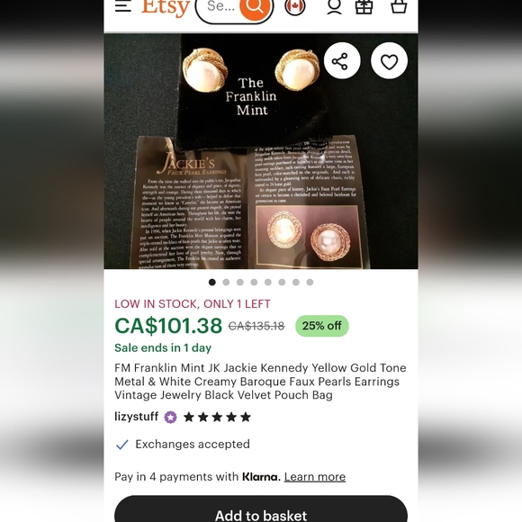 Franklin Mint Jackie Kennedys   faux pearl earrings - Picture 9 of 9